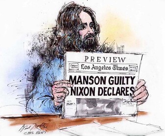 Charles Manson Holding Up Newspaper To Jury